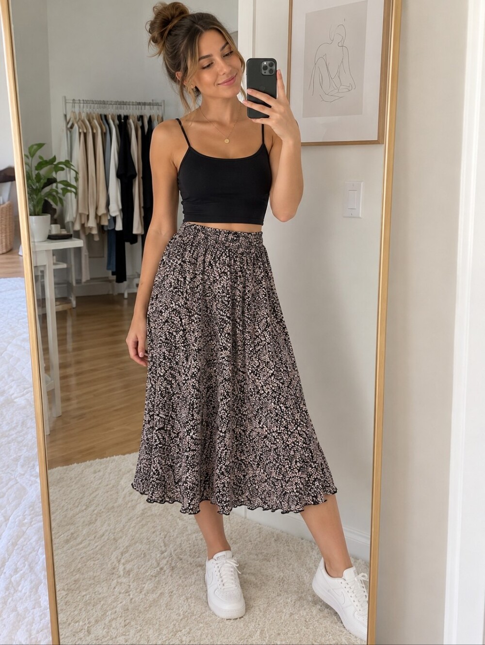 Soaked in Luxury (120$) | Abstract Print Flowy Midi Skirt Black Blush, Size L